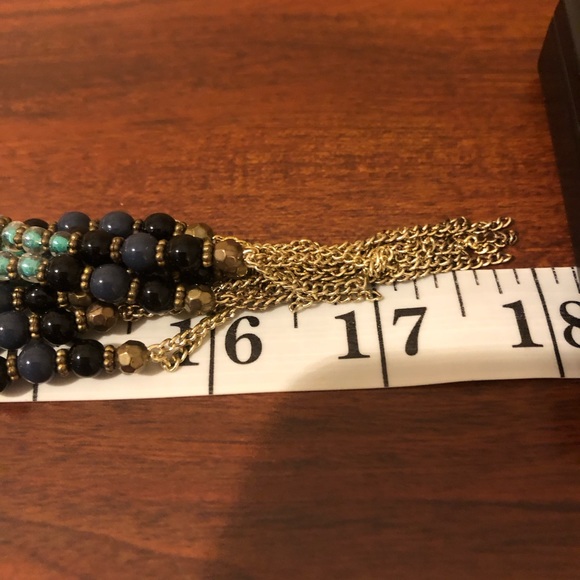 Navy And Light Blue Glass Beaded Dangle Fringe Gold Tone Vintage Necklace - Picture 6 of 8